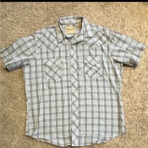 Wrangler Western Shirt Mens XL Plaid Short Sleeve Button-Up Gray Blue White
